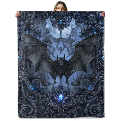 Gothic Bat with Blue Blanket: Dark Gothic Art for Cozy Nights