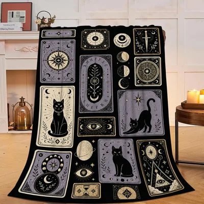 Black Cat Celestial Tarot Blanket Mystical Patchwork Design
