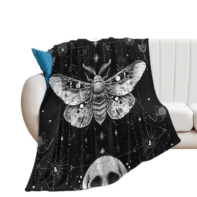 Skeleton Moth Moon Stars Blanket: Gothic Insect and Celestial Art