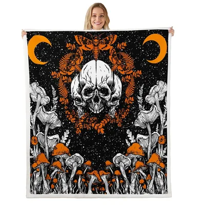 Skull Moon Mushroom Mandala Blanket for Gothic and Psychedelic Decor