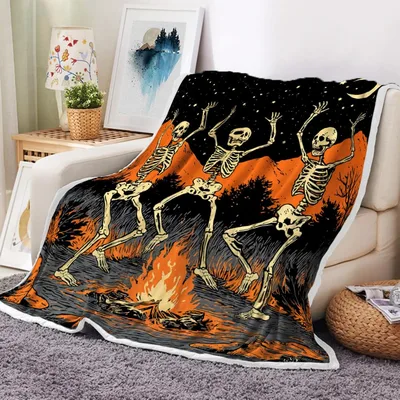 Dancing Skeletons by Campfire Blanket Spooky Halloween Design