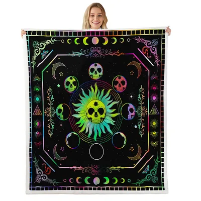 Sun Moon Skull Mandala Blanket: Neon Gothic Art for Cosmic Lovers