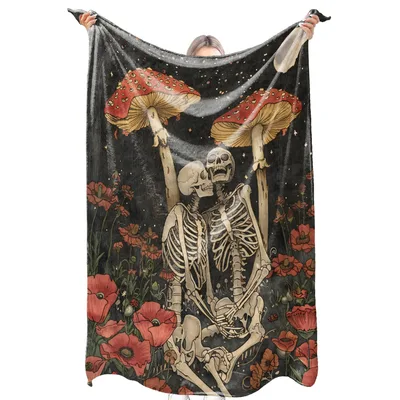 Skeleton Couple Under Mushrooms Blanket: Gothic Romance in a Forest