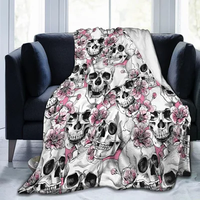 Skulls with Pink Flowers Blanket: Gothic Skulls and Floral Art Design