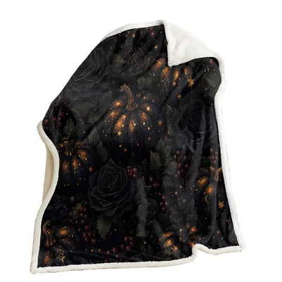 Black Rose Starry Autumn Blanket: Gothic Pumpkin and Rose Design