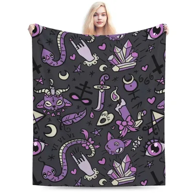 Gothic Dragons Skulls Blanket featuring purple mystical symbols