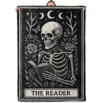 Skeleton Reader Gothic Tarot Blanket - Skull and Moon Design