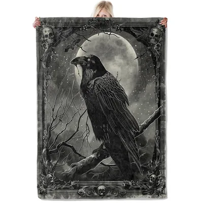 Raven on Branch Under Moon Blanket: Gothic Crow and Full Moon Design