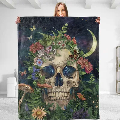 Skull Crowned with Flowers Blanket: Cosmic Skull Art for Gothic Style