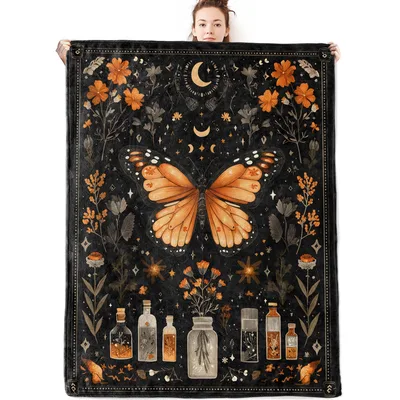 Butterfly Moon Mystical Pattern Blanket: Gothic Botanical Art