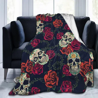 Skulls and Red Roses Pattern Blanket featuring ornate sugar skulls