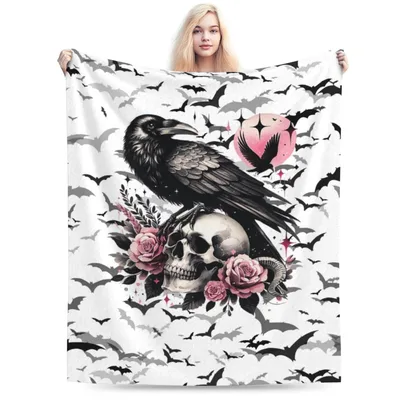 Raven on Skull with Roses Blanket: Gothic Art Design
