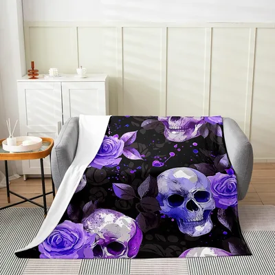 Skulls and Purple Roses Blanket: Gothic Art Design