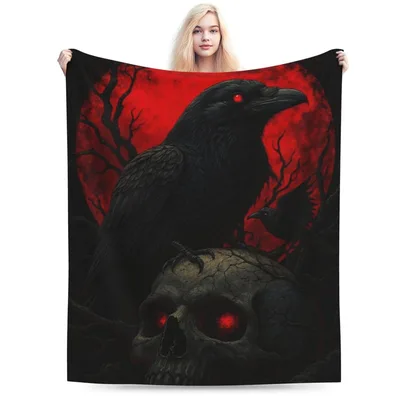 Gothic Raven on Skull Blanket: Dark Art with Red Moon and Skull