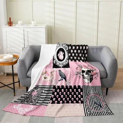 Sugar Skull Pink Rose Blanket Gothic Patchwork Design