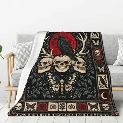 Gothic Crow Skull Moth Blanket for Dark Aesthetic Lovers