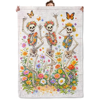 Dancing Skeleton Floral Pattern Blanket: Whimsical Gothic Skull Art