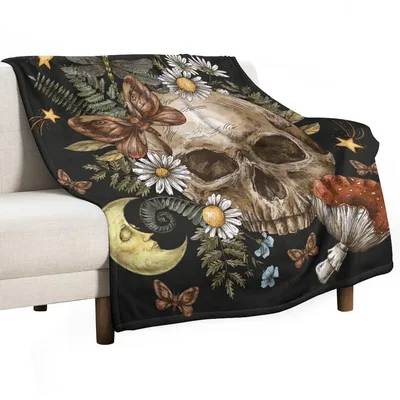 Skull Moth and Mushrooms Blanket: Gothic Vintage Botany Art