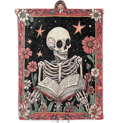 Skeleton Reading Book Gothic Blanket
