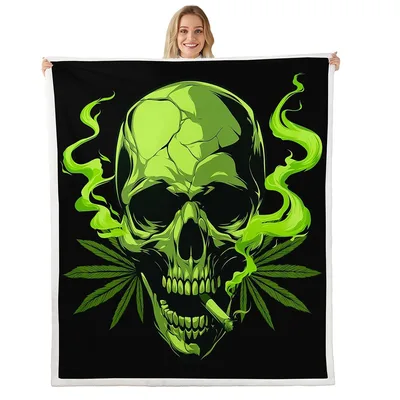 Green Smoking Skull Art Blanket featuring a neon green skeleton