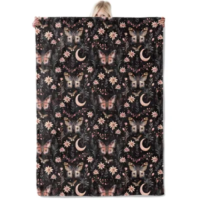 Moth Moon Gothic Floral Blanket: Moth, Moon, and Flower Pattern
