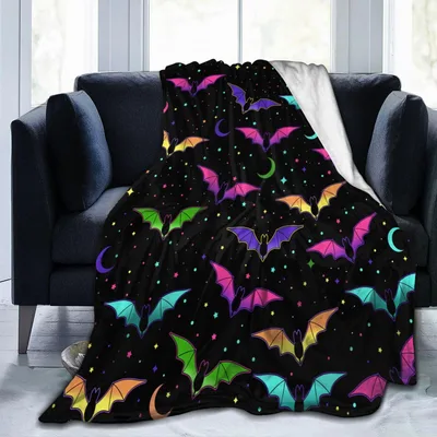 Colorful Bats on Black Blanket: Neon Gothic Flight Design