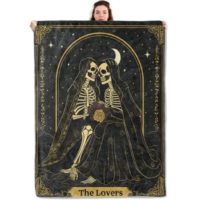 Skeleton Lovers Tarot Card Blanket: Gothic Skull Romance Design