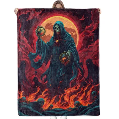 Hooded Reaper in Flames Blanket: A Dark Fantasy Skull Throw