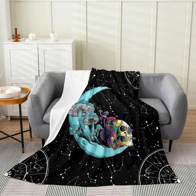 Sugar Skull Moon Galaxy Blanket: Cosmic Skull and Mushroom Art