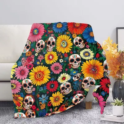 Flowers and Skulls Pattern Blanket featuring vibrant sugar skulls