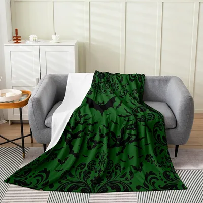 Gothic Bat Damask Pattern Blanket: Vintage Green & Black Fleece Throw