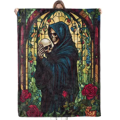 Stained Glass Grim Reaper Blanket: Gothic Skull Art with Roses