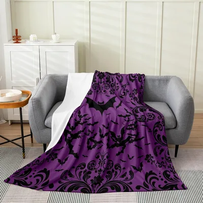 Purple Gothic Bats Damask Blanket Victorian Horror Throw