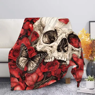 Skull Roses and Butterfly Blanket Gothic Art Design