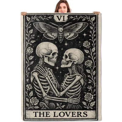 Skeleton Lovers Tarot Design Blanket: Gothic Skull Couple Moth Art