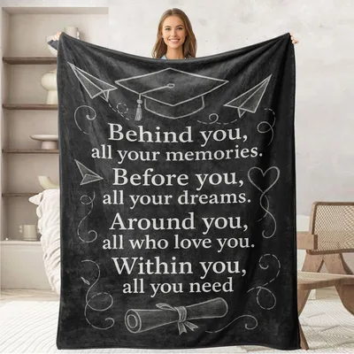 Graduation Diploma Blanket Chalkboard Cap and Scroll Design