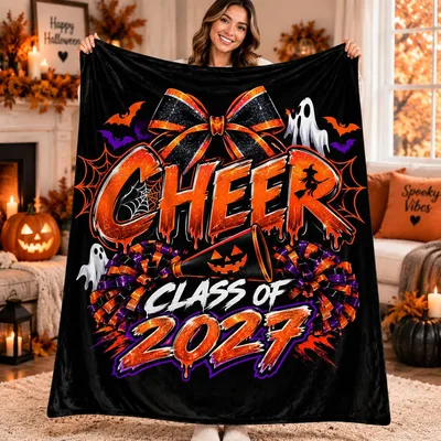 Cheer Class 2027 Blanket featuring dripping orange text