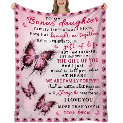 To My Bonus Daughter Butterfly Blanket features pink