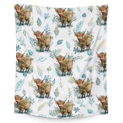 Highland Cows Leaves Pattern Blanket: Shaggy Cow Throw