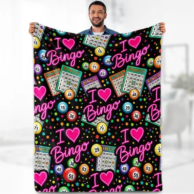 I Love Bingo Pattern Blanket: Neon Hearts and Cards Design