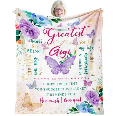 Greatest Gigi Ever Butterflies Blanket features purple roses