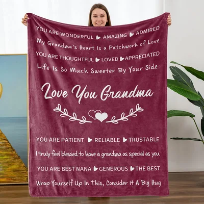 Love You Grandma Text Blanket features white affirmations