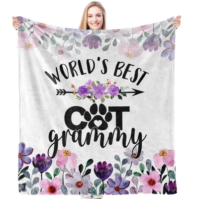 Worlds Best Cat Grammy Blanket Floral Paw Print Design