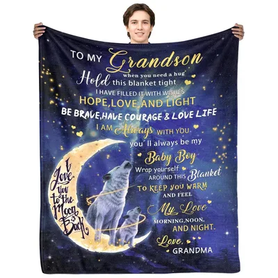 to My Grandson Blanket Wolf Moon Design for Grandma's Love