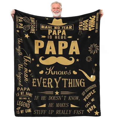 Papa Grandpa Mustache Blanket Features Bold Gold Typography