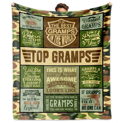 Grandpa Camo Saying Blanket Celebrating Top Gramps with Vintage Badges