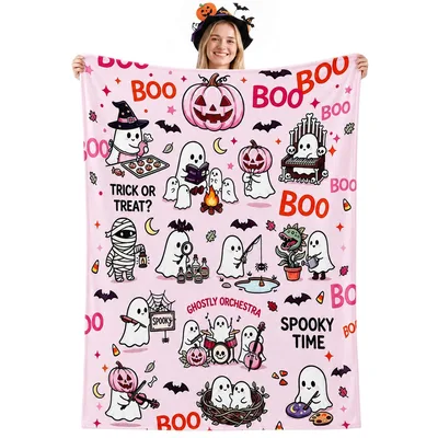 Spooky Halloween Blanket with Pink Ghosts and Pumpkins