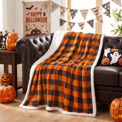 Fall Plaid Blanket with Orange and Black Buffalo Check