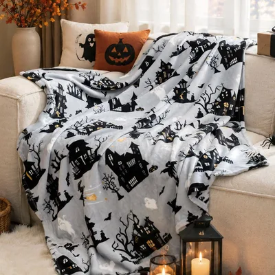 Halloween Ghost Blanket with Haunted Houses and Bats