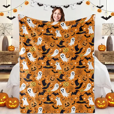 Pumpkin Witch Hat Blanket: Spooky Ghosts and Jack-o-lanterns Design